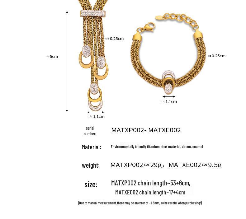Korean Vintage U-Shaped Rhinestone Tassel Necklace Set - 18k Gold Plated Titanium Steel