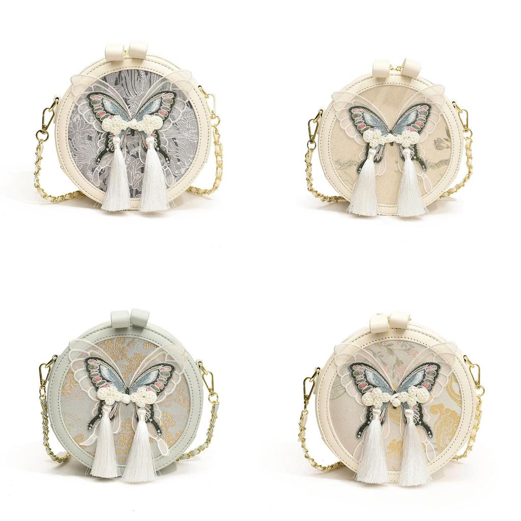 Chinese Fashion Small Round Pu Bag With Tassels And Internal Zipper Pocket For Women
