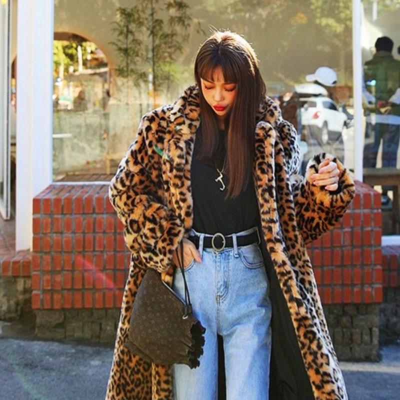 

Длинное пальто из искусственного меха с леопардовым принтом для женщин, удлиненное, утолщенное и тонкое пальто, осень и зима 3XL цветной печати леопарда