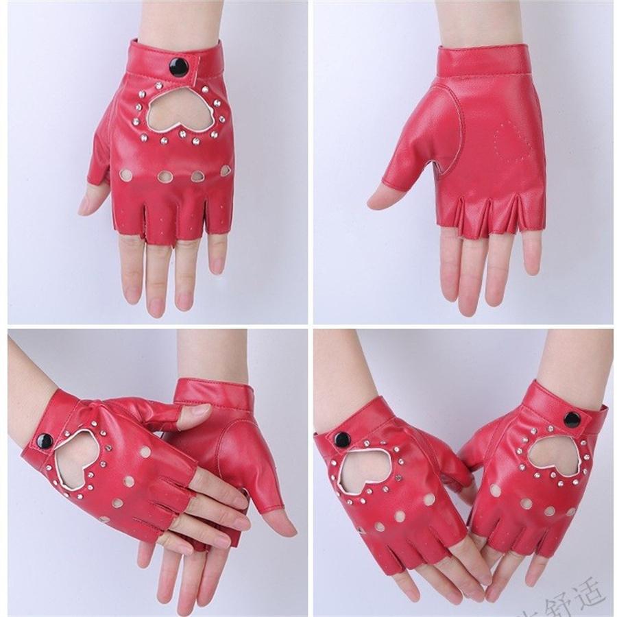 Women Heart Cutout Rhinestone Fingerless Gloves, Punk Faux Leather Half Finger Gloves for Dancing, Cosplay, Biking, Party, Performance