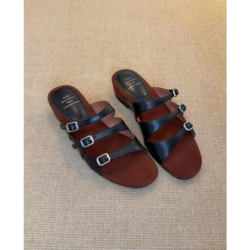 Sheepskin Version~ New Gentle One-word Shoes Women's Summer Versatile Commuting Thick-soled Leather Cool Slippers