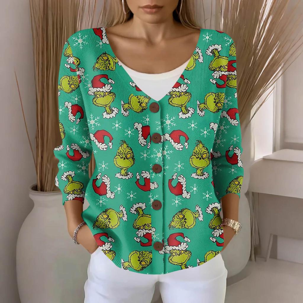 Women's Fashion Casual Knit Sweater Button-Up Christmas Print Cardigan Jacket