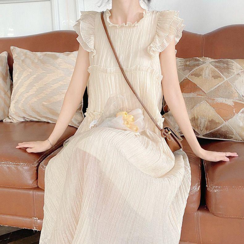 French flying sleeves apricot dress female summer small man sweet and gentle wind fungus edge Mori first love fairy dress
