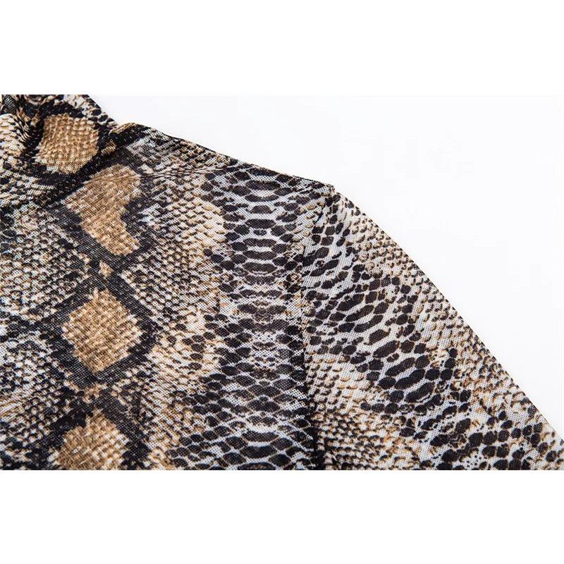 Casual Green Snake Print T Shirt Women Mesh Top Long Sleeve Transparent Snakeskin Female T-shirt High Neck Crop Tops