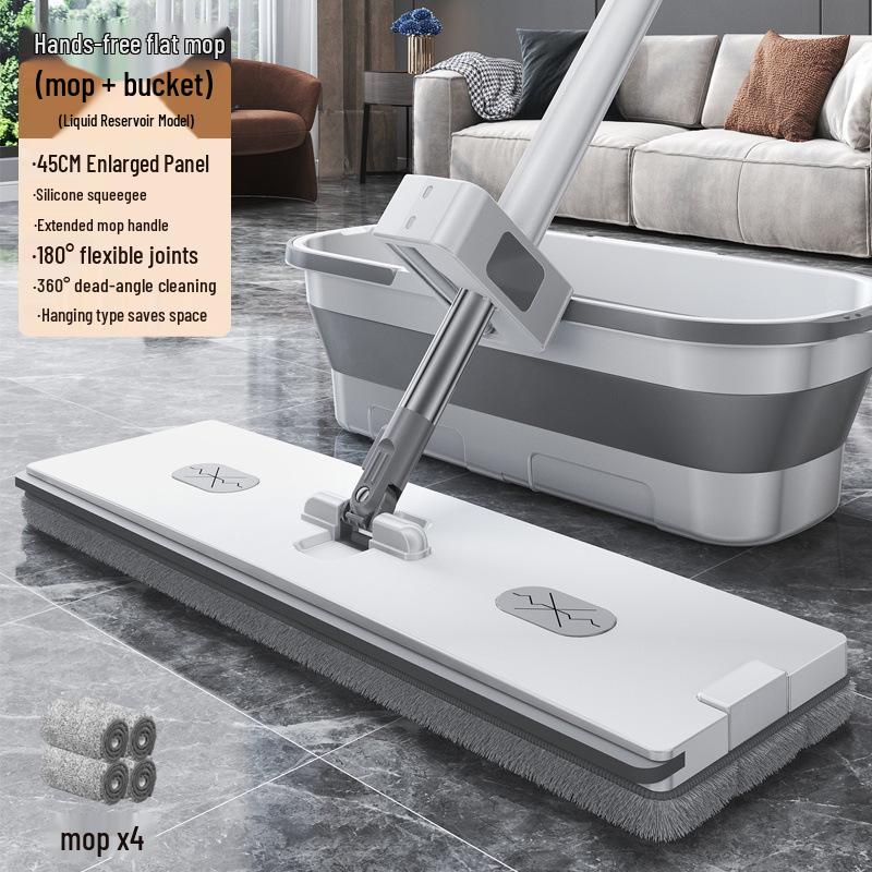 Hands-Free Flat Mop with Enlarged Head & Automatic Dehydration Bucket for Easy One-Wipe Cleaning