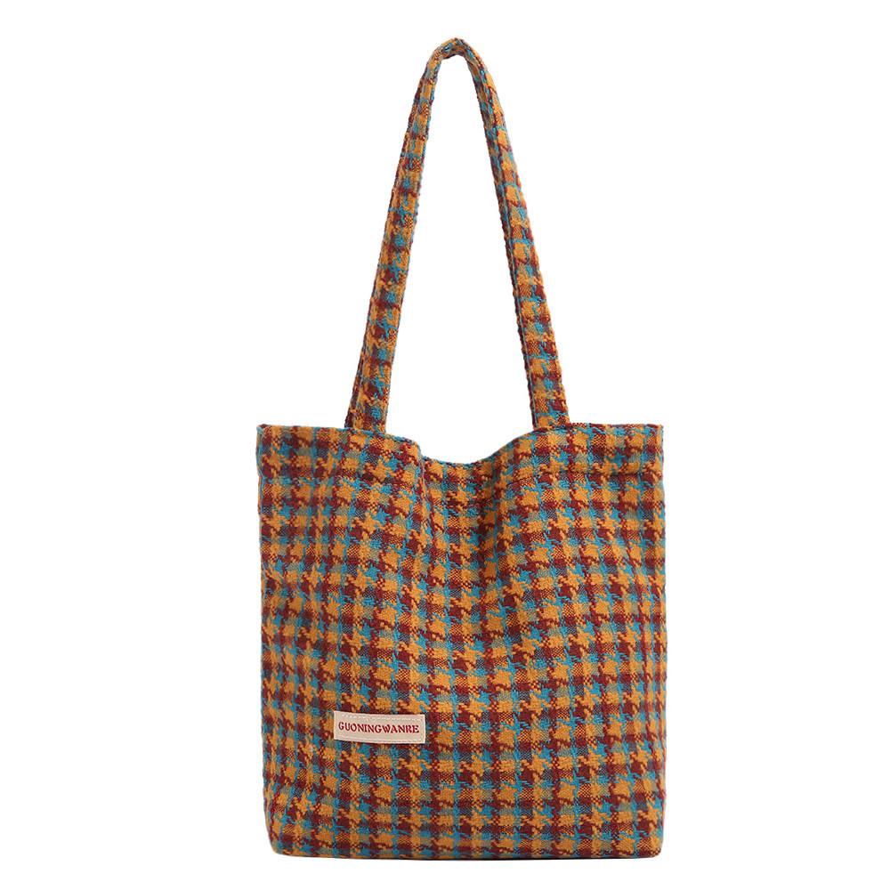 Autumn Winter New Melad Retro Houndstooth Woolen Bag Large Capacity Commuter Shoulder Handbag Tote Bag for Women