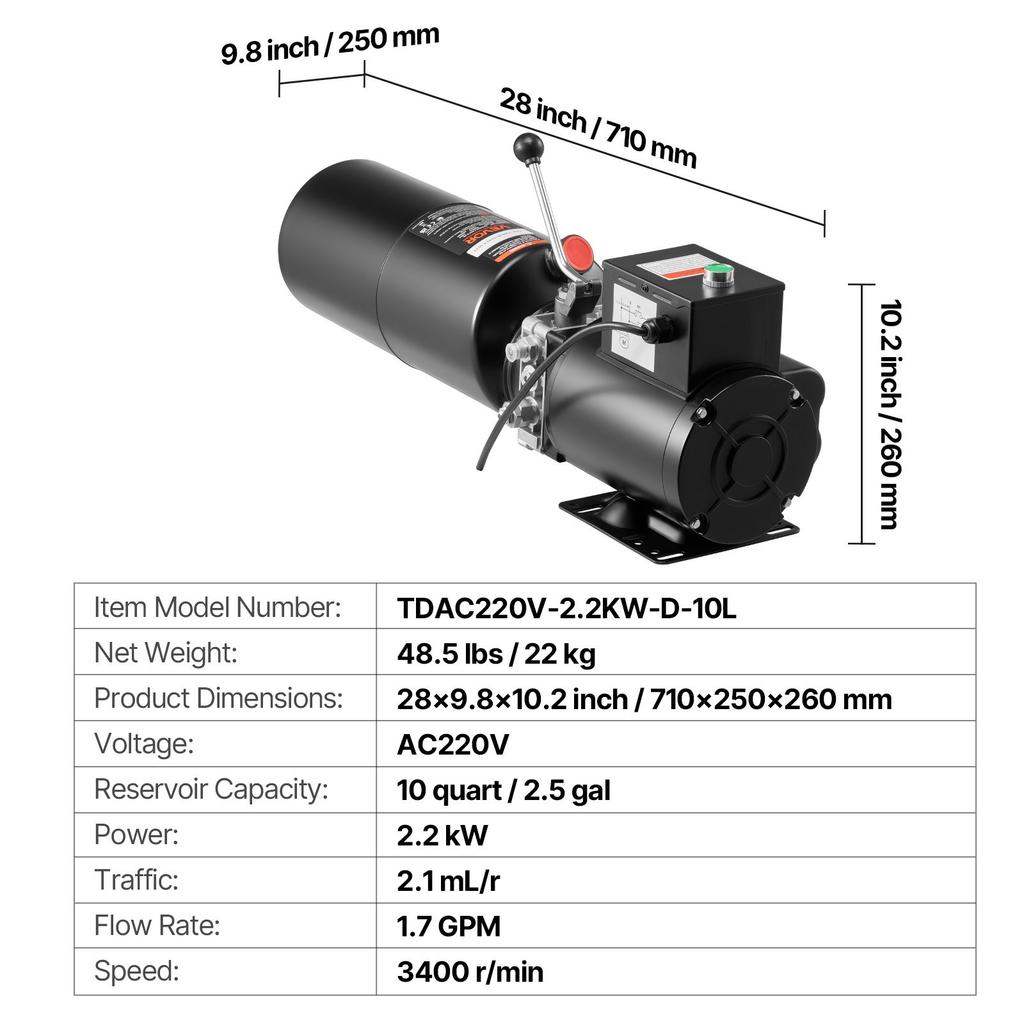 VEVOR Hydraulic Pump Power Unit, AC 220V, 10 Quart Single Acting Hydraulic Unit, 6.3 L/min Oil Flow, Max Discharge Pressure 22 MPa for Dump Truck