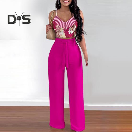 Summer Two Piece Outfits for Women Sleeveless V-neck Halter Tank Top Wide Leg Pants Set Summer Casual Floral Print Matching Suit