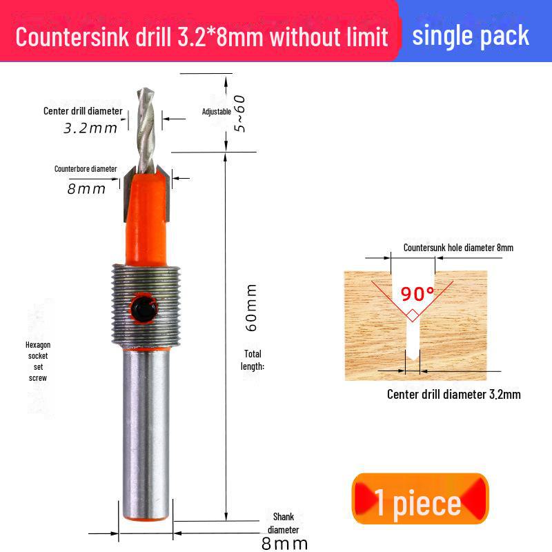 

Головка сверла-зенкера из сплава с ограничителем для деревообработки и установки шурупов 3.2*8mm without limit
