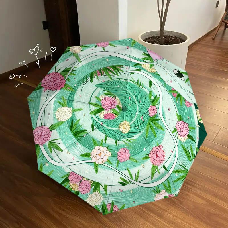 1pc snake floral Automatic Folding Umbrella, Heavy Duty 8 Rib Iron Frame, Suitable for Travel, Daily Use, Birthday, Decor Gift 19