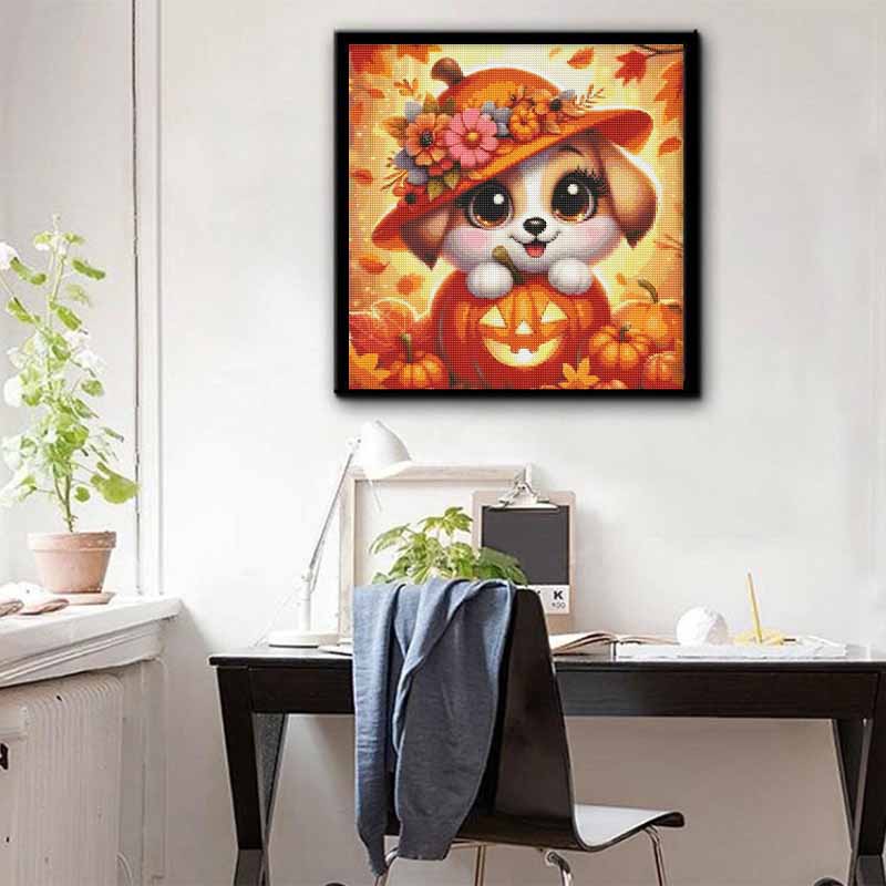 DIY Full Drill Diamond Painting Canvas Cute Puppy In Pumpkin Pattern Creative Craft Kit for Modern Home Decor and Wall Art Gift