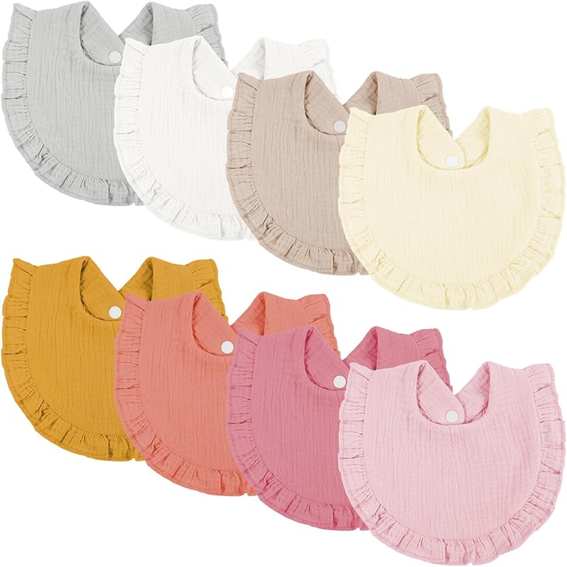 Набор из 8 детских слюнявчиков Omisy, хлопковые слюнявчики на кнопках для малышей 2-36 месяцев, для девочек и мальчиков, абсорбирующие слюнявчики для прорезывания зубов White, Khaki, Grey, Turme