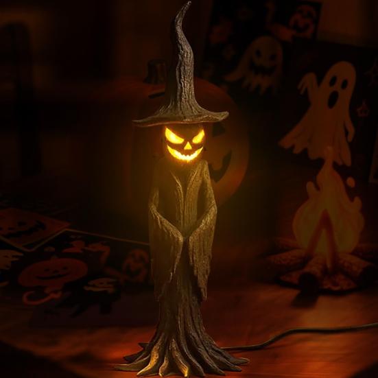 Handmade Resin Stump Witch Statue Lamp with LED Night Light Glowing Gothic Spooky Atmosphere Halloween Decor