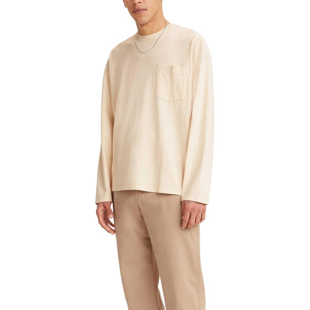 Levis Solid Color Loose Fit Logo Embroidered Round Neck Long Sleeve T-Shirt Men Tops Beige A1850-0001