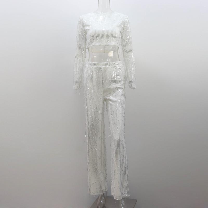 

Женские комплекты из 2 предметов с кисточками и блестками, серебристые яркие шелковые укороченные топы с круглым вырезом, широкие брюки, женские брючные костюмы, модный уличный женский комплект, легант... S