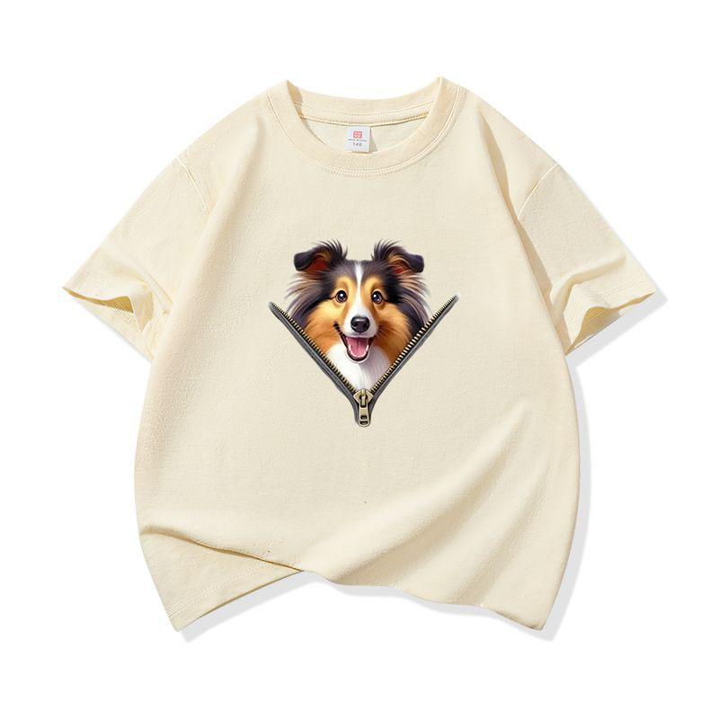 Kids Cotton T Shirt Lovely Sheepdog Zipper Print Crew Neck Short Sleeve Tee Casual Breathable Boys Girls Summer Tops