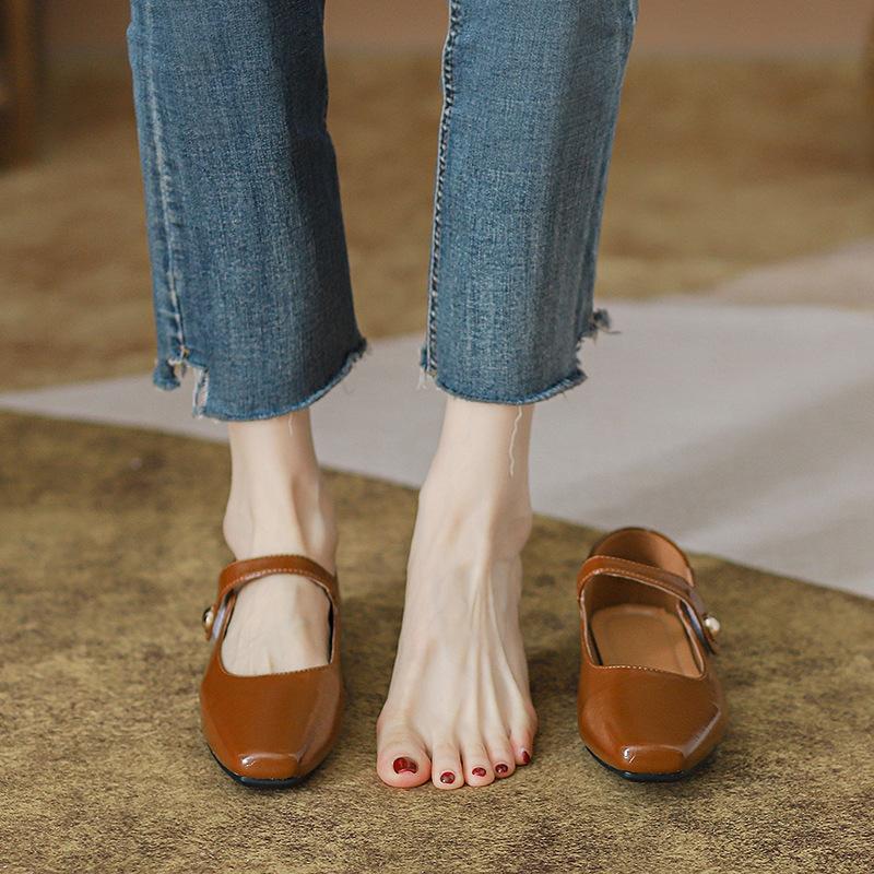 Mode Fyrkantig Tå Bruna läder mary janes skor kvinna retro ankelrem ballerinaskor låga djup mun mockasiner bekväma ballerinaskor för kvinna