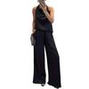 Women 2 Piece Satin Outfits Halter Neck Sleeveless Top And Wide Leg Pants Set Casual Vocation Lounge Set