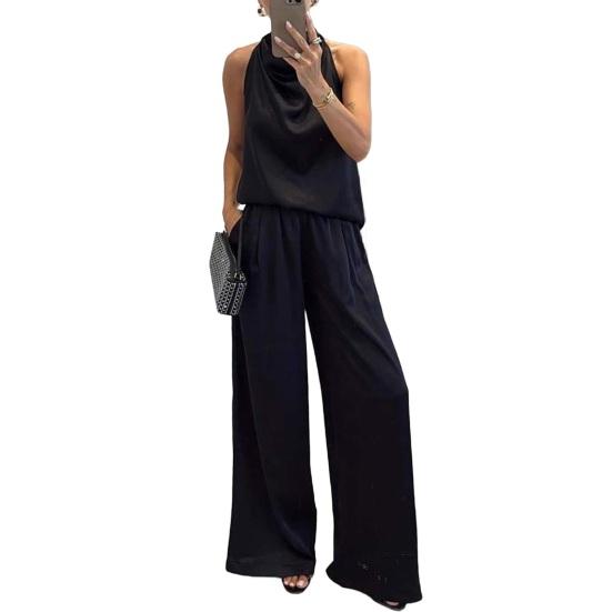 Women 2 Piece Satin Outfits Halter Neck Sleeveless Top And Wide Leg Pants Set Casual Vocation Lounge Set