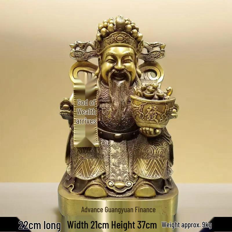 Large Yellow Brass God of Wealth Statue on Dragon Chair, Wen Cai Shen Design, Ideal for Shop Opening or Home Worship.