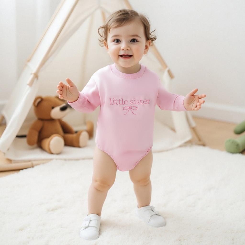 Baby Girl Romper Long Sleeve Crew Neck Bow Letter Embroidery Bodysuit Fall Outfit