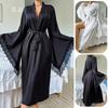Satin-Pyjama Damen, Spitze leichte Luxus langärmelig kühl Nachthemd Bademantel Loungewear Damen