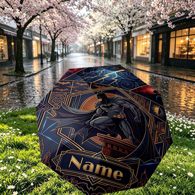 Custom Name Personalized Batman Print Umbrella, Auto Open Close, 8‑Rib Sturdy Frame, Commute Camping Hiking Use, Birthday Gift