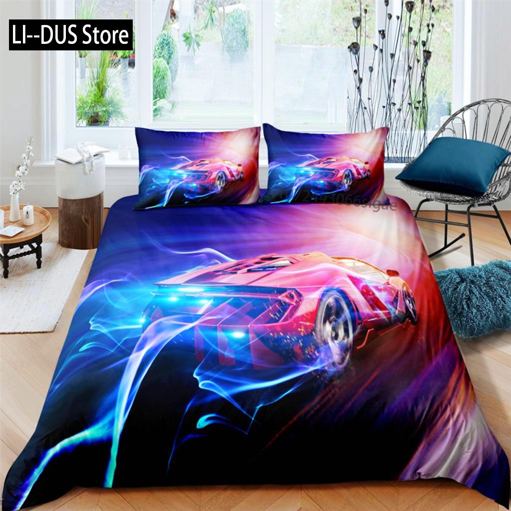 Speed Sports Car Duvet Cover Set Queen Size Cool Racing Comforter Cover Extreme Sport Bedding Set For Boys Teens Men Room Decor
