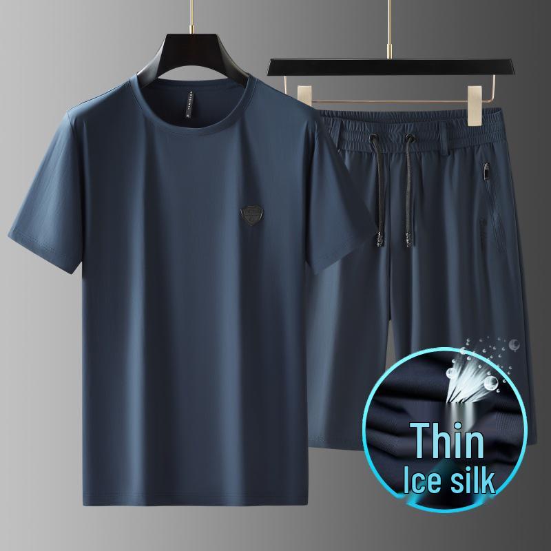Men's Summer Set: White Short-Sleeve Sports Tee and Ice Silk Workwear Shorts, Casual & Loose Style 835