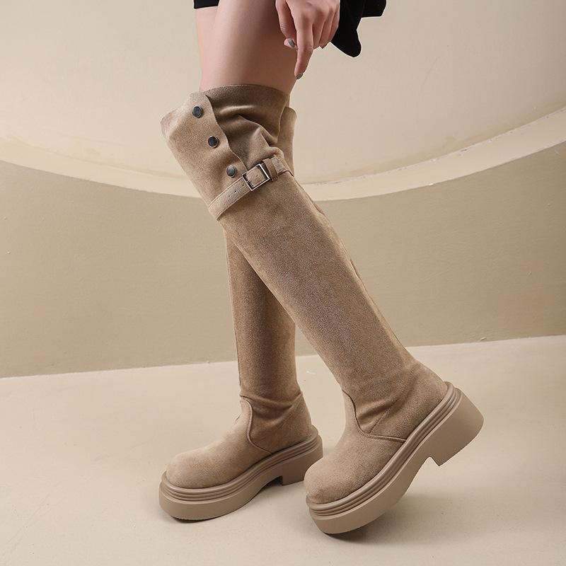 Over-knee boots Women's thick-soled inner height increase Merad long-tube boots thick-soled large-tube circumference widened fat mm large size velvet