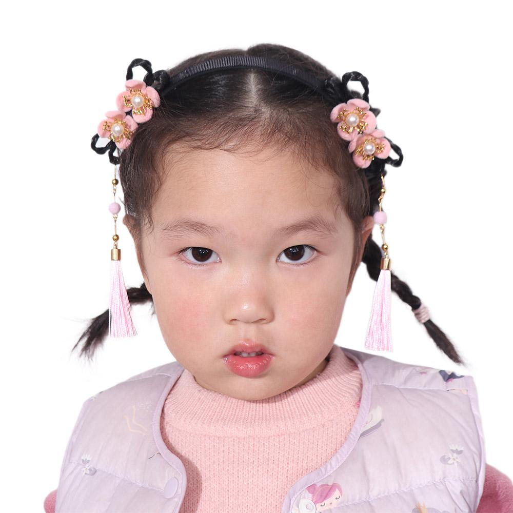 Chinese Style Hanfu Wig Headband Pearl New Year Headwear Tang Suit Flower Tassel Headband  Children