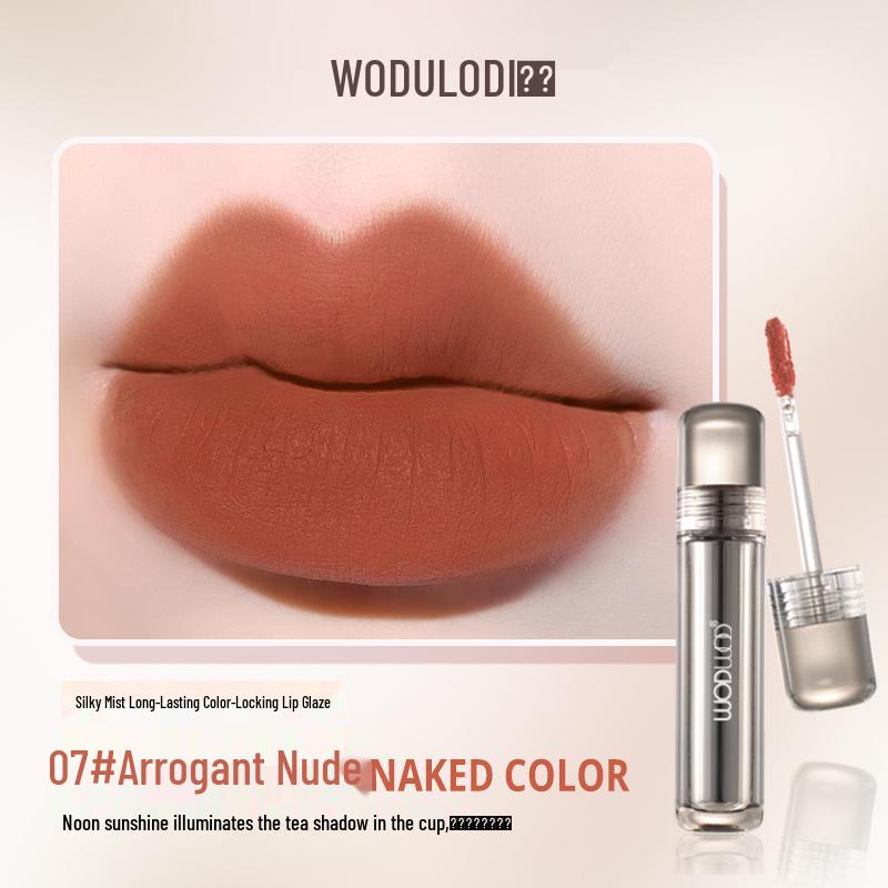 WODWOD Silk Mist Long-Lasting Hydrating Lip Glaze - Lightweight, Rich Color, and Cup-Proof Finish.