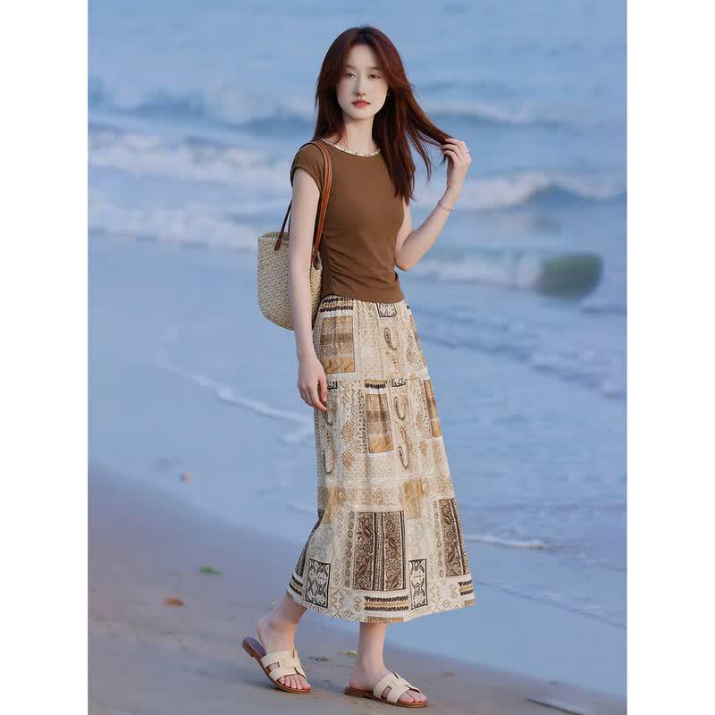 Lyocell & Linen Blend Sleeveless T-Shirt & High-Waist Skirt Set