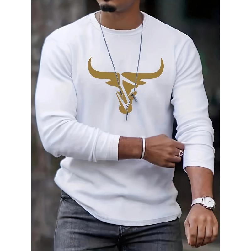 Men's Autumn Winter Loose Fit Plus Size Comfortable Casual Sports Bull Pattern Printed Round Neck Fashion Long Sleeved T-shirt