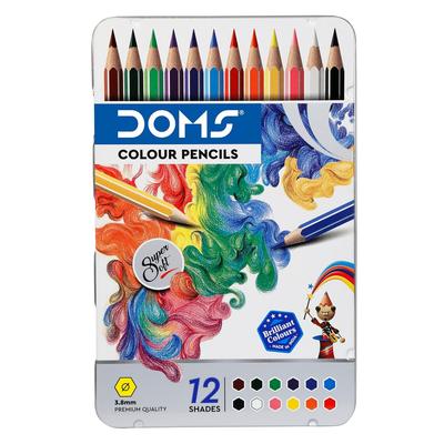 DOMS FSC Certified 12 Colour Pencil Flat Tin Set, Multicolor Rich Pigment Pencils for Drawing, Sketching & Art Use