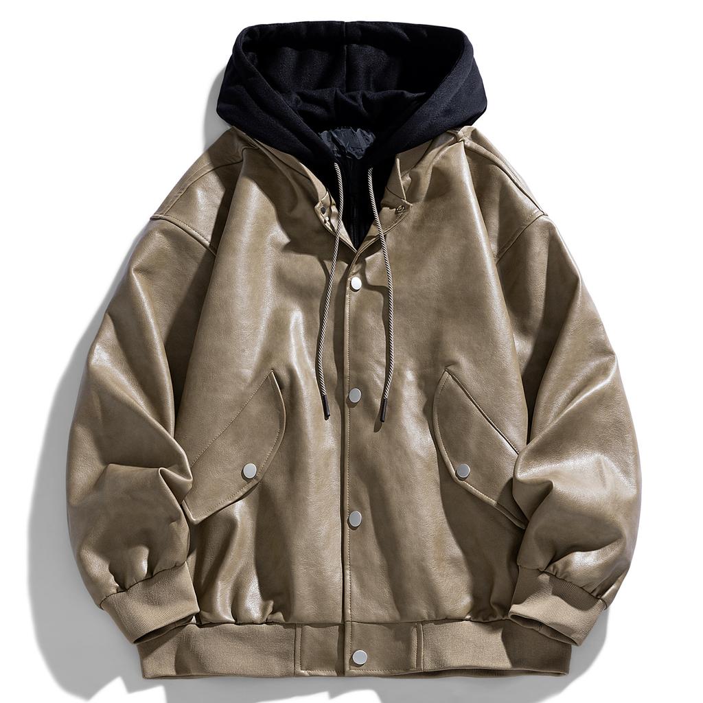 Fake Two-piece American Retro Leather Jacket for Men's Spring and Autumn New Style High Street Pussy