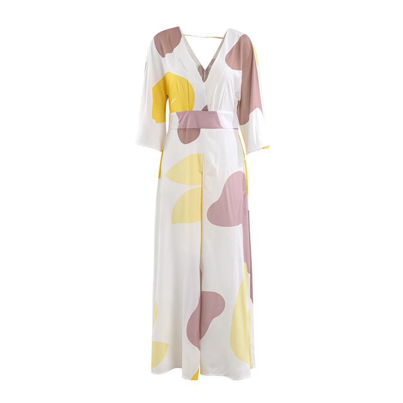 Mode V-ausschnitt Gedruckt Taille-schließen Kleid Frauen Frühling Elegante Schlanke Temperament High-taille Kleider Weibliche Pendler Kleidung