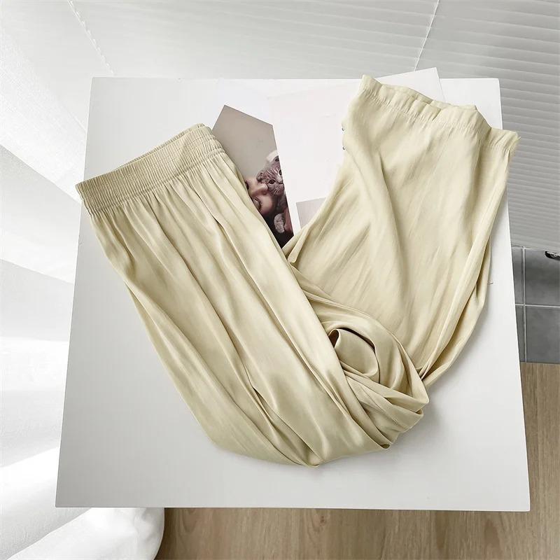 Summer Thin Loose Wide Leg Pants Women's Ice Silk Casual Pants Elegant Elastic Waist Straight Trousers Lady Sport Pant