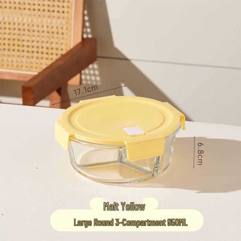 BOLIDOMI 950ml Round 3-Compartment Microwaveable Glass Lunch Box