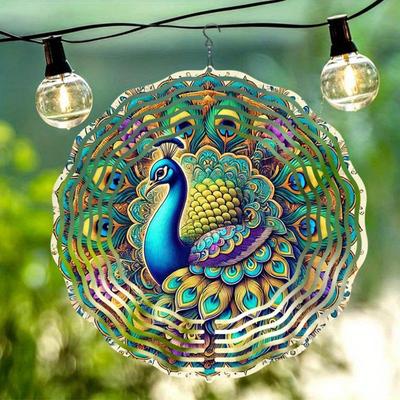 2D Peacock Mandala Wind Chime Metal Art Decor with 360 Rotating Hook for Outdoor Garden Patio Yard Decoration Blue Green Purple Golden