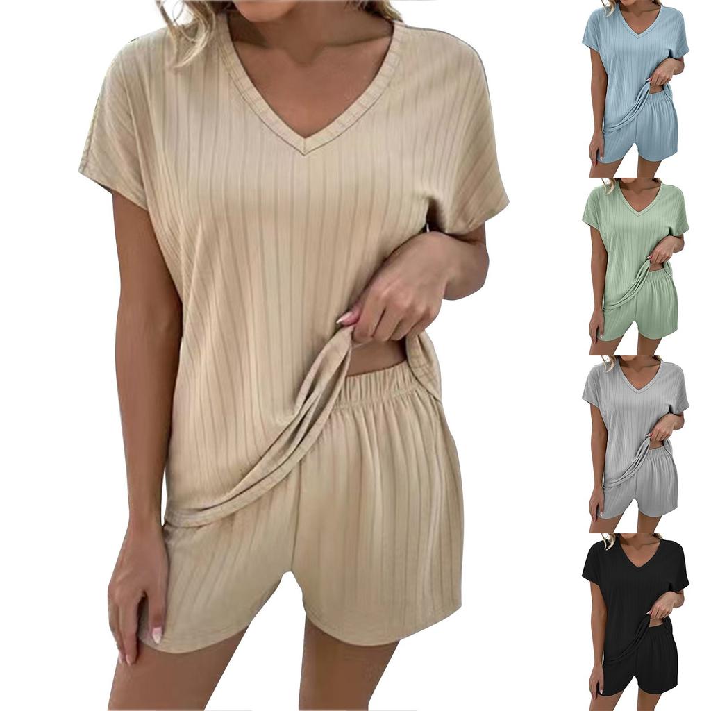 Ensemble Deux Pièces Femme Été Décontracté Confortable Couleur Unie Tricoté Loisirs Vêtements d'Intérieur