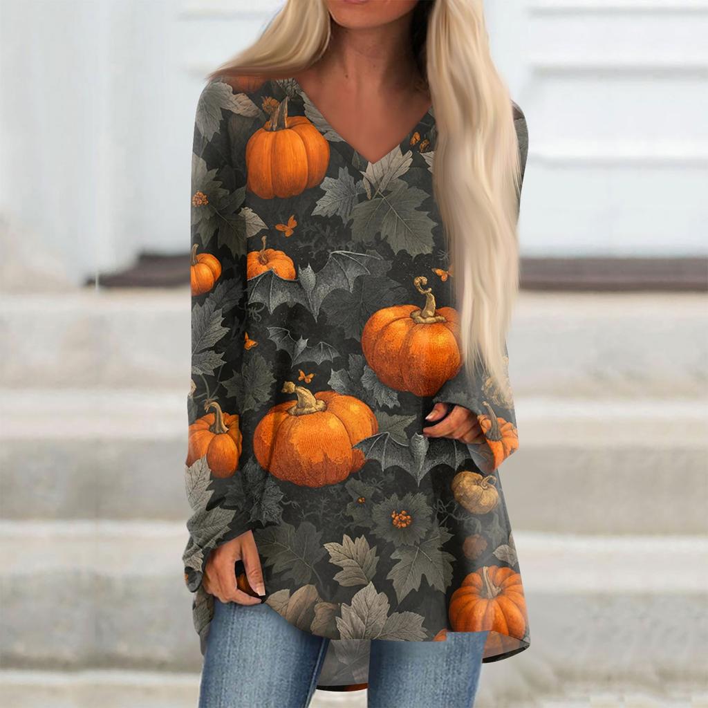 Dámské módní a ležérní tričko s halloweenským potiskem, s dlouhým rukávem, výstřihem do V, středně dlouhé