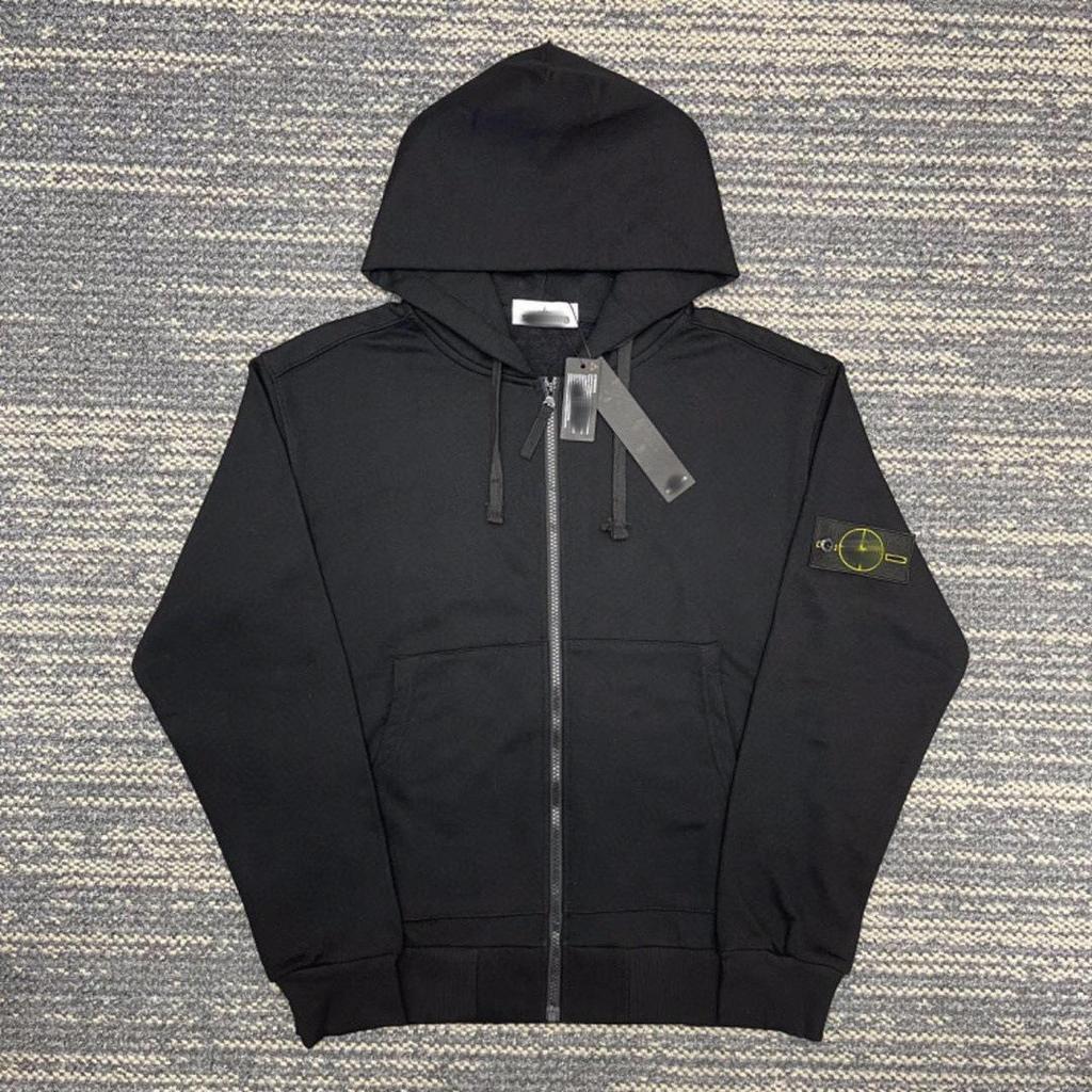Revised Unisex Stone Hoodie: Autumn/Winter Solid Color, Sleeve Patch, Badge Style Zipper Sweatshirt Jacket.