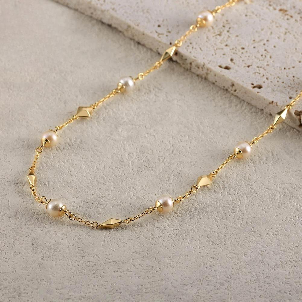Rinntin Gold Plated Geometry Shape Clavicle Necklace with Pearls for Women Gold Ins Simple Necklace Fine Jewelry