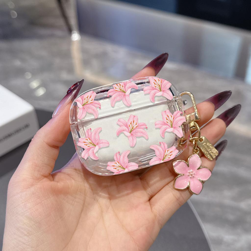 Pink Flowers Pattern Transparent Earphone Case with Lily Pendant Suitable for AirPods 1 2 3 4 Pro Pro2