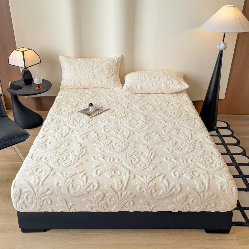 1PCS Plush Embossed Fitted Sheet Thick Warm Bedding for Autumn Winter Soft Comfortable Fabric Deep Pocket Design for Queen King Single  No Pillowcases