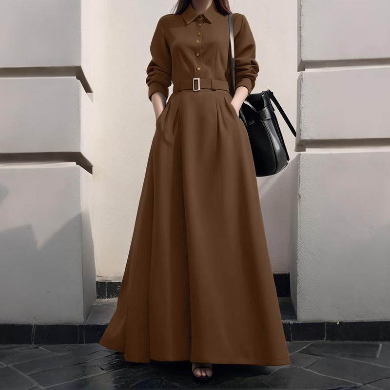 

ZANZEA Women Turn Down Collar Long Sleeve Casual Autumn Winter Long Dress 5XL коричневий