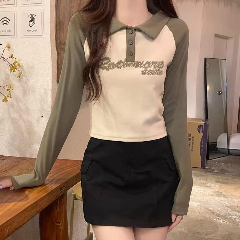 Green Stitching Contrasting Color Polo Lapel Long-sleeved T-shirt Women's Autumn and Winter New Slim Fit and Age-reducing Bottoming Top