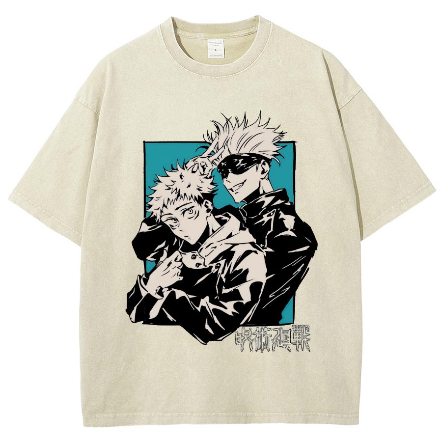 Anime Jujutsu Kaisen Satoru Gojo And Itadori Yuji Print T Shirt Men Women Y2k T-shirts Washed Cotton Tee Harajuku Male Tshirt