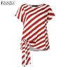 ZANZEA Blusa Feminina Casual Gola Redonda Manga Curta Cadarço Listrada